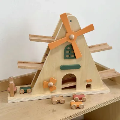 Montessori Wooden Track Car Toy Set Windmill Glide Gear Car Educational Sliding Rail Toys Hand-eye Coordination Toy