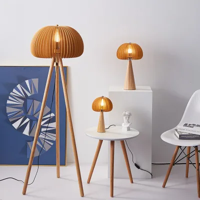 Wholesale Farmhouse Decorative Natural Solid Wood Tripod Floor Lamp with Round Shade for Living Room