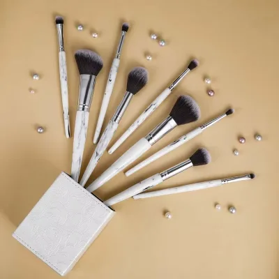 Custom Marble Professional 9-Piece Luxury Delicate Makeup Brushes Set Wood Handles Synthetic Hair for Foundation Contour
