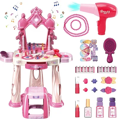 Pretend Play Girls Makeup Table Set With Stool,Girls Pretend Cosmetic Table Set ,Kids Vanity Makeup Set With Lights and Music