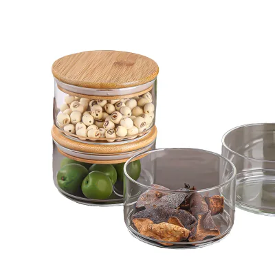 Clear Handcrafted Glass Storage Jars & Bowls with Sealed Bamboo Lids Multi Layer Containers for Home Kitchen Fruit Salad