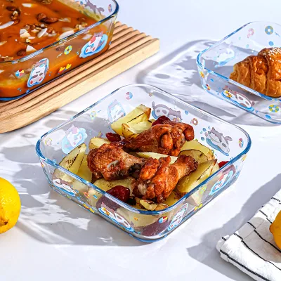 Hot Selling Printed Square Glass Baking Dish Tableware with Lid