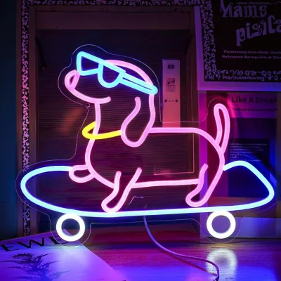 Skateboard Dog LED Neon Strip Light Sign Animal Decor for Bedroom Pet Shop Bar Party Cute Wall Art Decoration