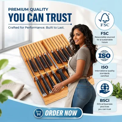 Sustainable Natural Bamboo Knife Drawer Insert 31x42.2x5cm Aesthetic 16-Slot Knife Block FSC ISO BSCI Certified Safe Storage
