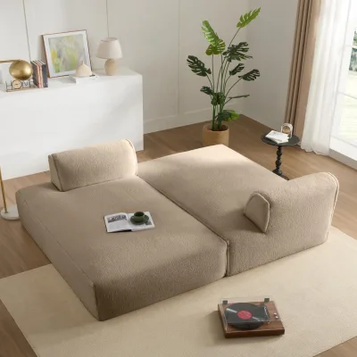 Beige Bouclé Fabric Modular Sectional Sofa Oversized Floor Lounge Couch with Detachable Side Armrest for Living Room Bedroom