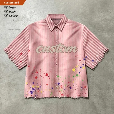 Shirts Manufacture Custom Logo Work Shirt Button up Plaid Rhinestone Shirt Boxy Cropped Men'S Square Polo T-shirts