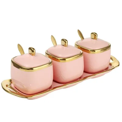 Ceramic Spice Jars with Lid,Sugar Bowls Condiment Pots Seasoning Box Set with Lid Spoon and Tray for Kitchen Storage-Sets of 3