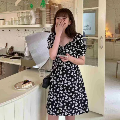 Summer Women Casual Dresses Vintage Daisy Floral Print Short Sleeve Fashion Mini Dress for Ladies