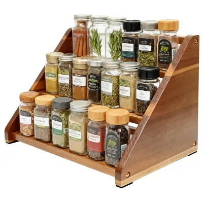 Arflo Acacia Wood Triangular 3-Tier Non-Folding Spice Rack Countertop Organizer Holds 21 Jars Kitchen Storage