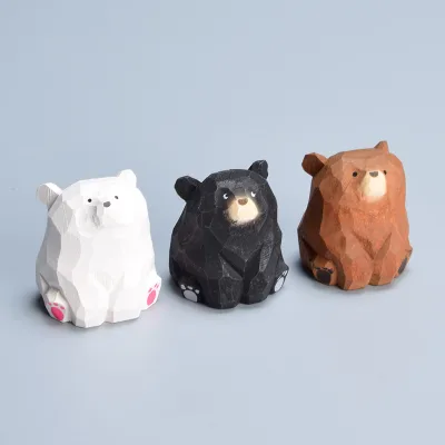 Hand-Carved Wooden Bear Figurine, Solid Wood Bear Statue, Cute Animal Desktop Ornament, Car Dashboard Decor, Couple Gift