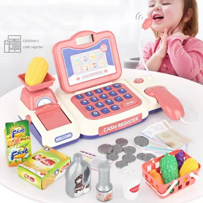 Pretend Play Games Electronic Toy Kids Cash Register Set for Kids with Microphone Money Food Basket