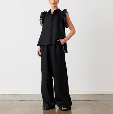 Enyami Ensemble Pantalon Et Haut Pour Mujer Dame Frill-trimmed Blouse Ruffle Sleeves Shirt High Waist Wide Leg Pants 2 Piece Set