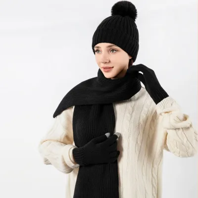 Custom Logo Knit Scarf Hat and Touchscreen Glove Sets Warm Fleece Lined Winter Knitted Beanie Hat Scarf and Glove Sets