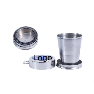 Customized Logo Stainless Steel Camping Mug Outdoor Travel Demountable Collapsible Cup With Keychain Retractable Camping Cup