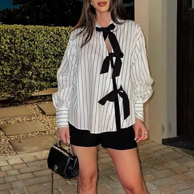 Women 2026 Summer New Long-sleeves Bow Buttons Versatile Top Unique Design Lace-up Printed Striped Shirt