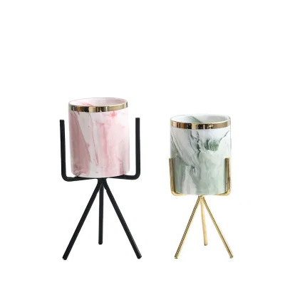 Nordic Creative Marble Color Ceramic Succulent Pot with Gold Rim and Metal Holder