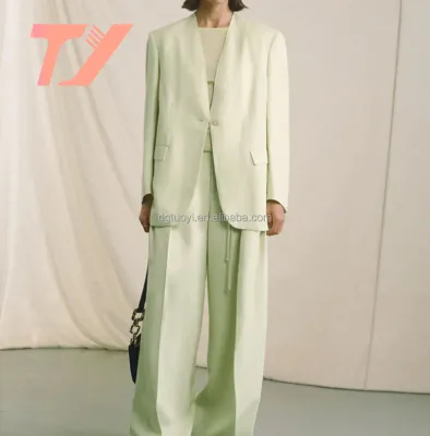 TUOYI 100% Woolen High Quality Women Loose Pants Suit Light Green Suit Jacket V Neck Woven Full Length Two Piece Set for Women