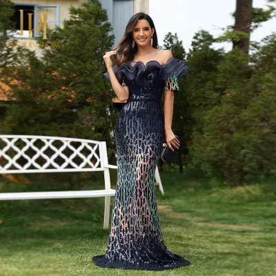 Sequined Ruffled Shoulder Mermaid Long Floor Banquet Evening Dress for Ladies