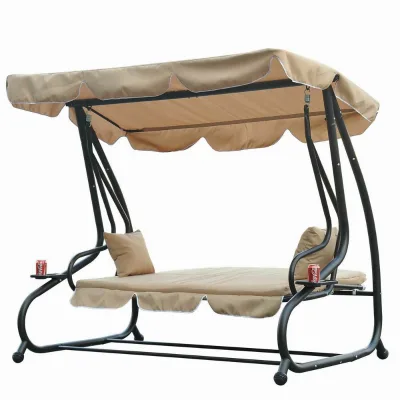 Outdoor Patio 2 in 1 Garden Swing Chair Patio Chaise Lounge with Canopy Shelter and Wheels Garden 3 Seats Swing Chair and Bed