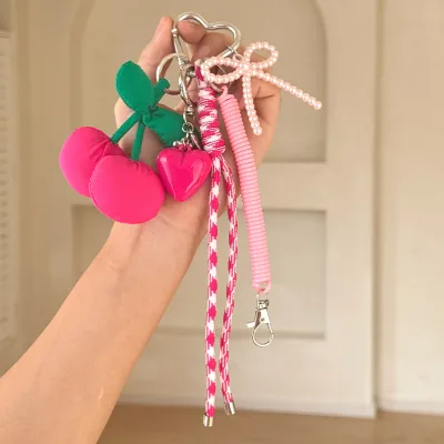 Pink Cherry Keychain Pearl Beaded Bow Woven Braided Rope Key Chain