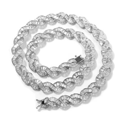 10mm Channel Setting 5A CZ Baguette Twist Necklace Brass Spiral Link Chain Unique Hip Hop Jewelry for Women Men