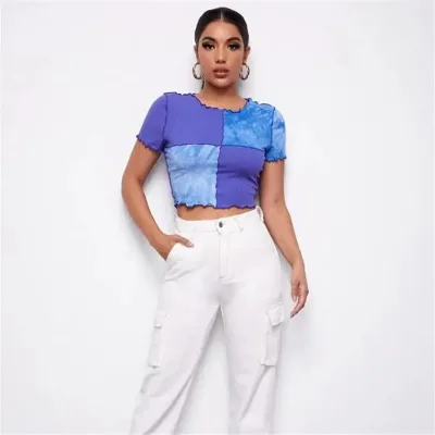 Custom Color Blocking Crew Neck Tie Dye Ruched Short Tops Women Crop Tee