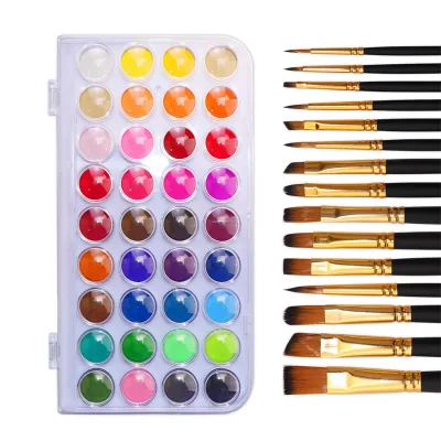 Hot Sale Non-toxic 36-Color Solid Water Color Paints Cake Pigment Set with 15 Nylon Brushes Children's Canvas Painting Low MOQ
