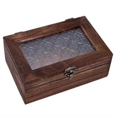 Vintage Wooden Storage Box with Glass Lid, Keepsake Box Small Decorative Storage Box