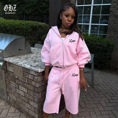 Custom Logo Solid Loose Full Zip up Hooded Sweatshirt Long Sleeve Hoodie Bermuda Wide Leg Shorts Women 2 Piece Casual Tracksuit