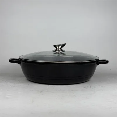Classic 40cm Shallow Durable Metal Casserole Cookware Set with Aluminum Body and Glass Lid for Family Cooking