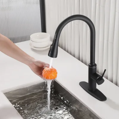 Matte Black Pull Down Kitchen Faucet With Temperature Display Stainless Steel Deck Mount
