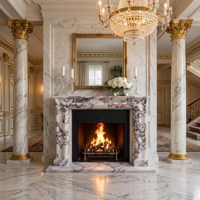 Custom Hand Carved Breccia Viola Marble Fireplace Surround, Classic European Luxury Stone Fireplace Mantel for Living Room