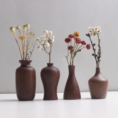 Handmade Round Walnut Wood Japanese Style Flower Vase Bottle