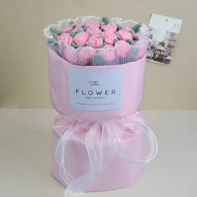 Wowei Finished Handmade Crocheted Bubble Rose Yarn Flower Bouquet Creative Gift for Birthday Wedding Flower Valentine