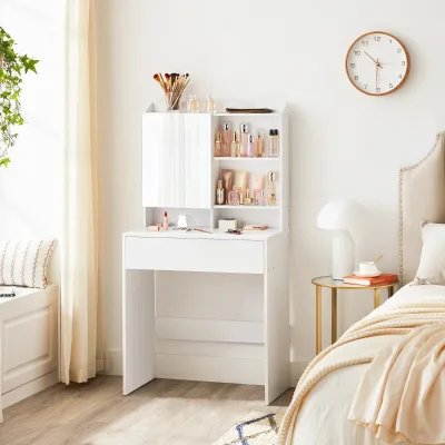 1 Drawer Mirrored Cabinet Pure White Sleek Clean Lines Modern Design for Girls Bedroom Apartment Decor Use Make up Table