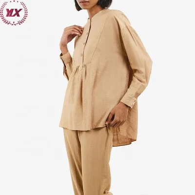 2023 Ladies High Neck 50  New Arrival Ladies Solid Set Long Sleeves With Buttoned Cuffs Set Roll-Up Hem Style Suits