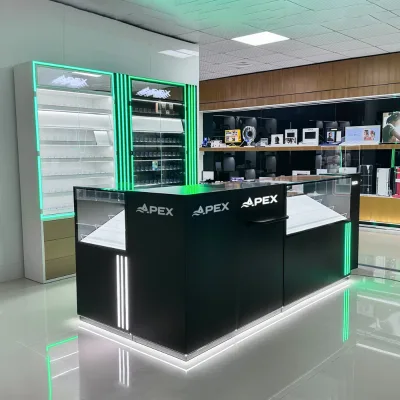 APEX Modern Design Tobacco Stand Decoration Design Tobacco Shop Counter Showcase Design Smoke Shop Display