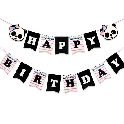 Happy Birthday Banner Cartoon Panda Theme Black White Fish Tail Shape Party Kids Birthday Party Decorations