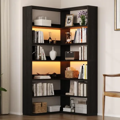 Modern Minimalist Wood Corner Bookshelf with LED Lights Space-Saving Storage for Apartment Use Black Finish