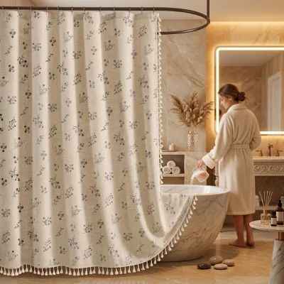Popular Printed Shower Curtain Polyester-linen Fabric with Tassel Trim Bathroom Partition Curtain Waterproof and mold-resistant