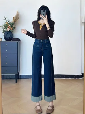 High Quality Retro High Waisted Wide Denim Pants with Flared Design Loose and Wide Nine Inch Length Versatile for All Occasions