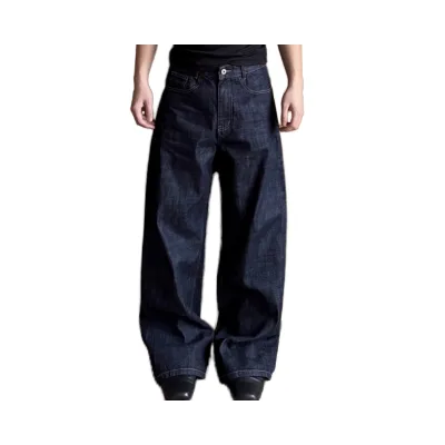 Vintage-Inspired Raw Denim Straight Leg Wide-Waist Retro Trousers Button Solid Dark for Casual Wear Summer Winter Spring