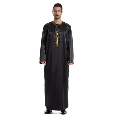 Plain Black White Gray Blue Color O Neck Front Tassel Eid Pray Clothing Arab Robes for Men