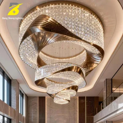 Stainless Steel Crystal Chandelier Curved Ribbon Metal Frame Clear Crystal Strand Custom Large Sculpture Pendant Light