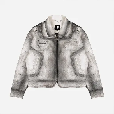 DiZNEW Plus Size Leather Mens Jacket Custom Designer White Smear Lapel Anorak Men