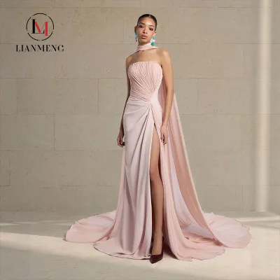 LM D392 Blush Pink Strapless Chiffon Evening Gown Crystal 3D Embroidery Pleated Bodice Side Twist High Slit High Neck Cape