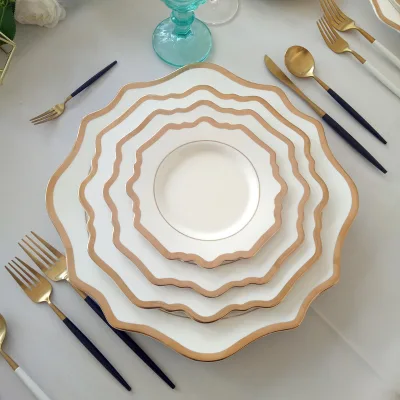 Luxury Wedding Party White Sunflowers Glass Charger Plate with Gold Rim Eco-Friendly 13inch Diameter 100pcs MOQ Dinnerware