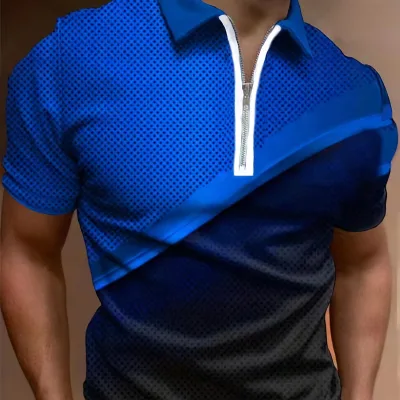 European American Fashion Trendy Men's Polo Shirt 100% Polyester Knitted Fabric Geometric Pattern Zipper Design Breathable