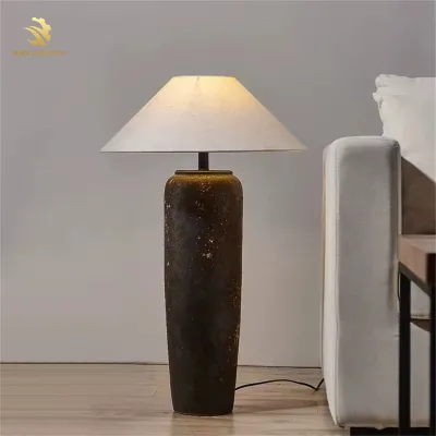 Modern Wabi-Sabi Ceramic Floor Lamp Set LED Light Source for Bedroom Living Room Ceramic Body with Cloth Shade Light