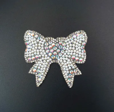Free Sample Topaz Factory Wholesale Bow Tie Shape Silver Color Shiny Iron-on Rhinestone Patches for Clothes Hats
